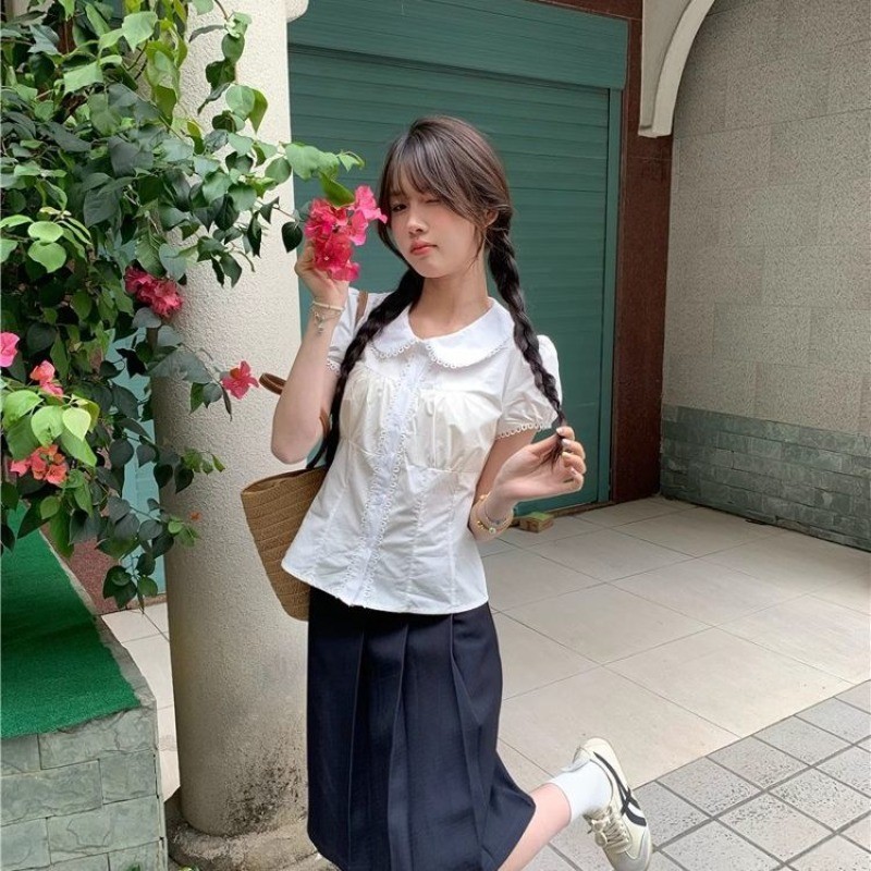 LINNA~สีทึบ ลูกไม้ แขนสั้น เสื้อเชิ้ต เวอร์ชั่นเกาหลี สไตล์ใหม่ แฟชั่น - รูปที่ 2