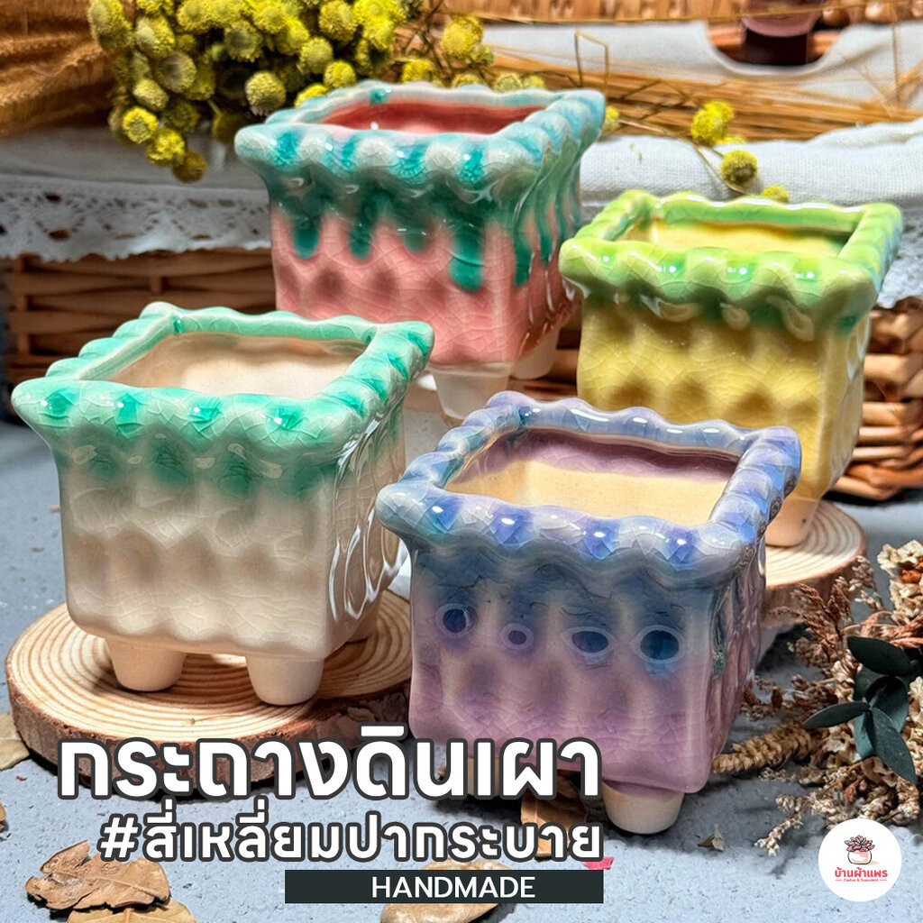 กระถางดินเผา สี่เหลี่ยมปากระบาย กระถางต้นไม้ ไม้อวบน้ำ กุหลาบหิน cactus&succulentหลากหลายสายพันธุ์