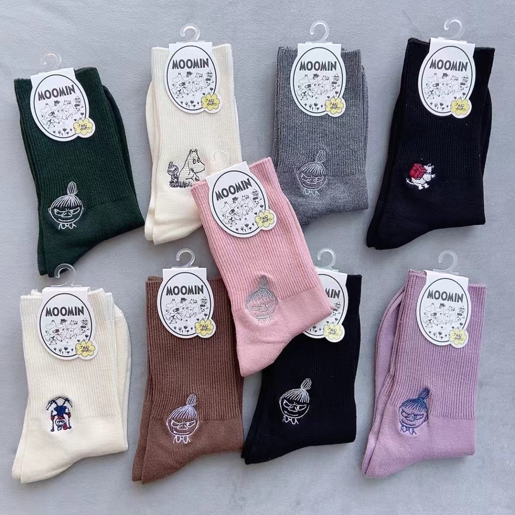 สินค้าใหม่ญี่ปุ่น Moomin Yamei เย็บปักถักร้อยน่ารักกลางหลอดการ์ตูนฤดูใบไม้ร่วงฤดูหนาวแคชเมียร์ Warm สีทึบ ins อินเทรนด์ถุงเท้าผู้หญิง