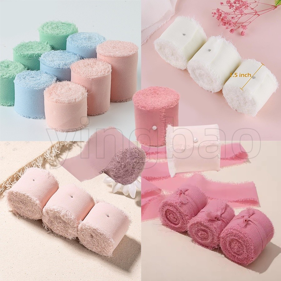 3 ม้วน/เซ็ต 15M Frayed Edged ซาติน Handmade ชีฟองผ้าไหมริบบิ้นสําหรับงานแต่งงานเชิญช่อดอกไม้วันเกิด DIY ตกแต่งของขวัญ
