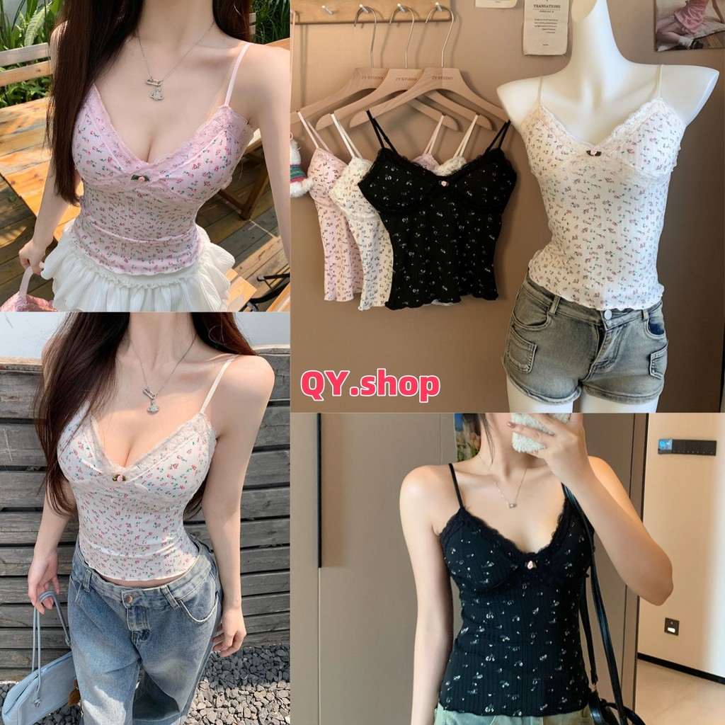 QY.Shop⭐️สินค้าราคาพิเศษ⭐️​พร้อมส่ง เสื้อสายเดี่ยว สีพาสเทล สไตล์เกาหลี ลายดอกไม้ มีฟองน้ำ "FY6963"
