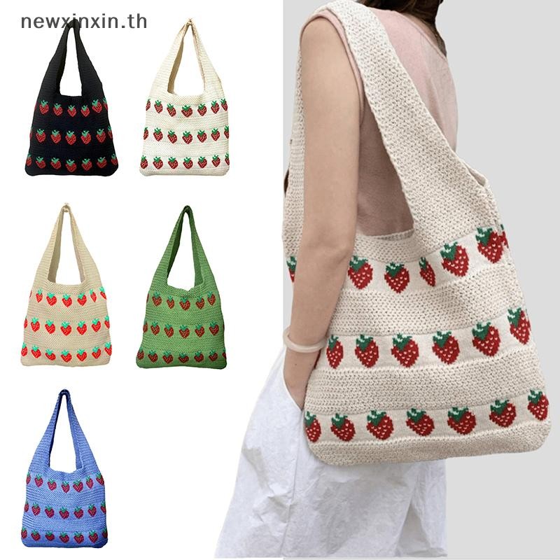 ^N^ ลําลองหวานสตรอเบอร์รี่พิมพ์ถักไหล่ความจุขนาดใหญ่กระเป๋าถือ สิริ กระเป๋าแฟชั่นช้อปปิ้งกระเป๋าถือผู้หญิงของขวัญ {ที}