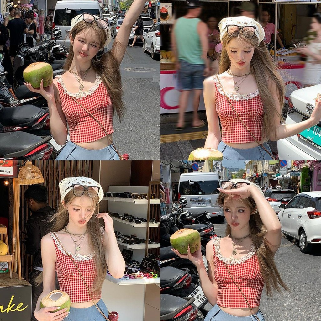 🌸Soroh🌸เสื้อกล้าม สีสดใส มีฟองน้ำ แต่งลูกไม้ ลายสก๊อต ใส่เดี่ยว🌷เสื้อแขนกุด ครอปน่ารัก ทรงสวย💐#FY10103