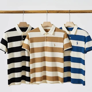 PROMAN เสื้อโปโลผู้ชายแขนสั้น ผ้าฝ้ายลายทาง คอปกระดับไฮเอนด์ สไตล์เกาหลี สไตล์ลำลอง เหมาะคุณพ่อวัยกลางและผู้ใหญ่ ยอดนิยม