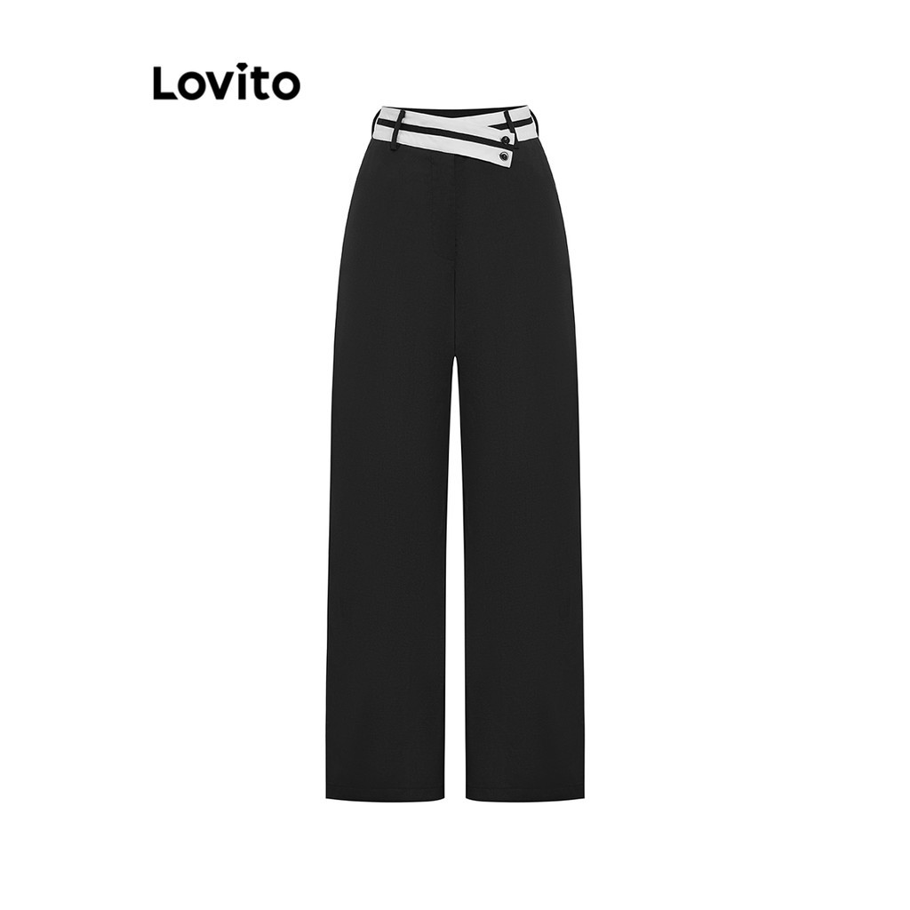 Lovito กางเกงขายาวสำหรับผู้หญิงสบาย ๆ ผ้าธรรมดาเย็บกระเป๋ากางเกงสำหรับผู้หญิง L101AD227