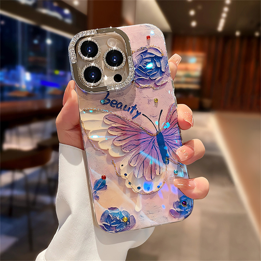 เลเซอร์ Rose Butterfly เคสโทรศัพท์สําหรับ IPhone 16 Pro Max 12 13 14 15 Pro Max 15 16 Plus ปลอกอ่อน 11 ฝาครอบป้องกันกล้อง