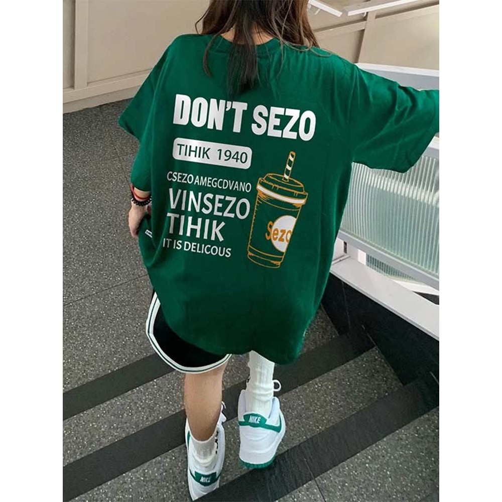 COD✅ (จัดส่งในกรุงเทพฯ) MAO Shop สีเขียวเข้มหลวมฤดูร้อนแขนสั้นของผู้หญิงผ้าฝ้าย100%#56075