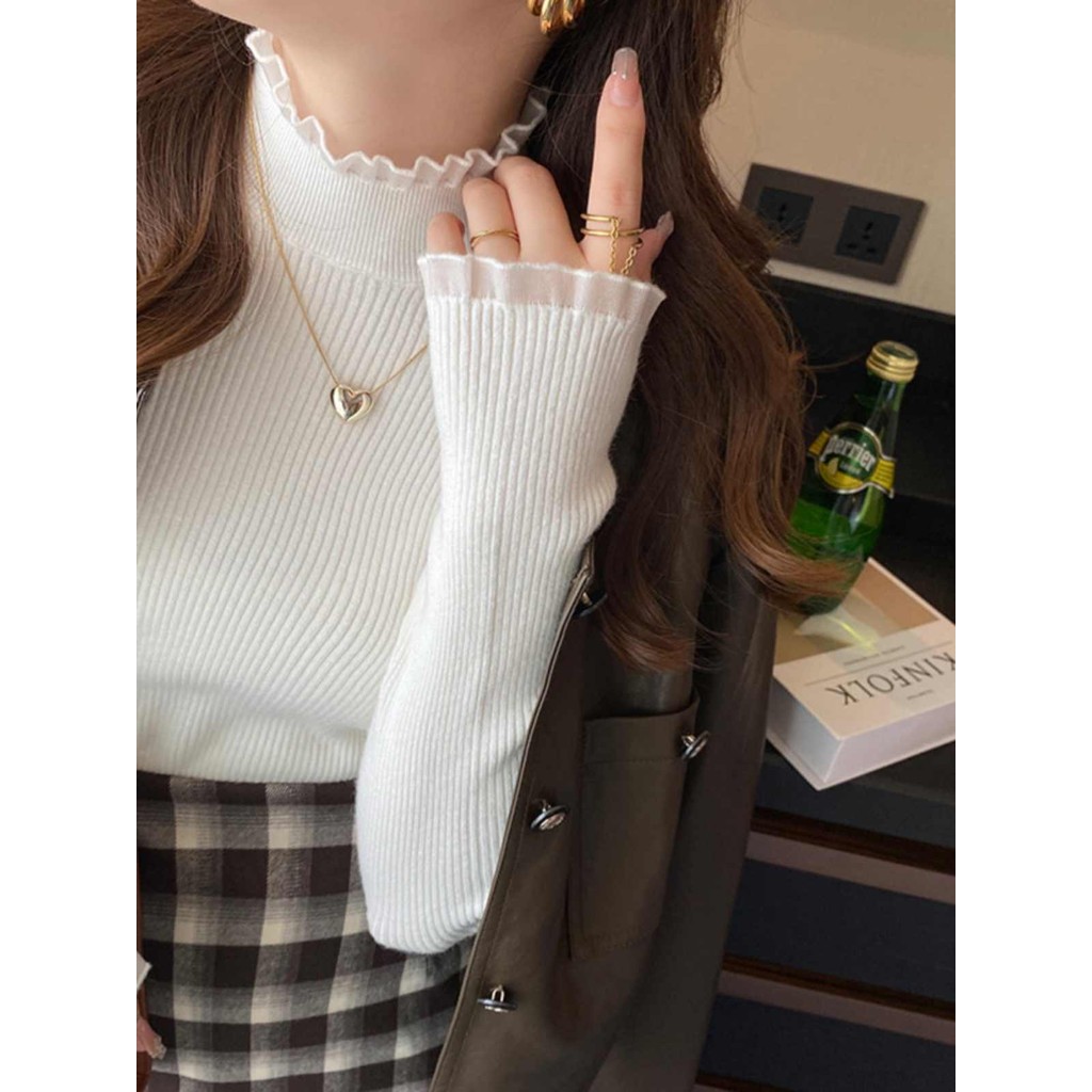 เสื้อตัวในคอเต่าครึ่งตัวสำหรับผู้หญิงเสื้อสเวตเตอร์ด้านในเย็บลูกไม้สไตล์ตะวันตกสำหรับฤดูใบไม้ร่วงและฤดูหนาวเสื้อถักแคชเมียร์บาง