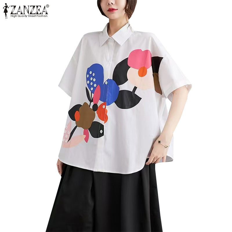 Zanzea เสื้อเชิ้ตแขนสั้นพิมพ์ลาย Springless ผู้หญิงเกาหลีวินเทจ