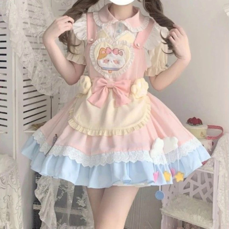 MnJapanese Kawaii Lolita Style Dress Sets Women Sweet Peter Pan Collar Blouse Cat Embroidery Bow Jsk