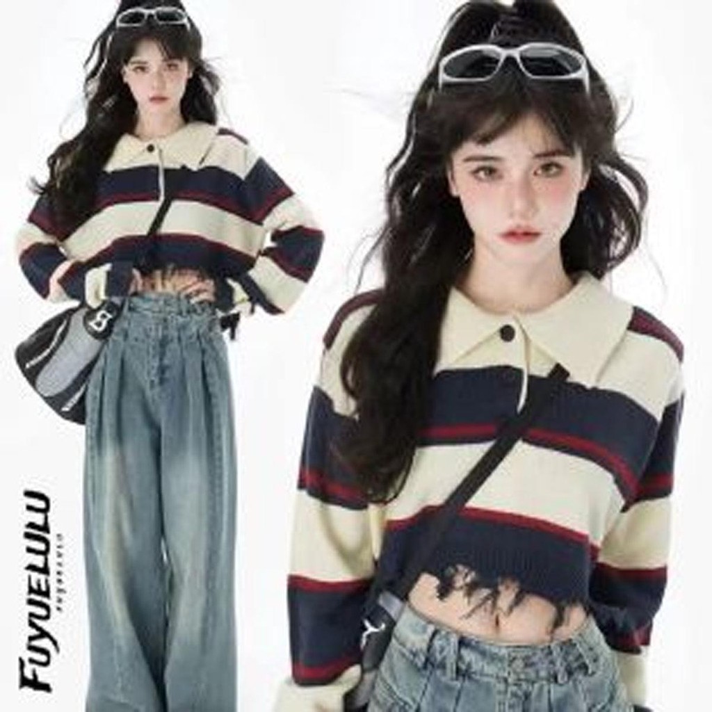 DODO#เสื้อกันหนาวแขนยาว คอปกโปโล ลายทาง สีคอนทราสต์ สไตล์อเมริกันเรโทร สําหรับผู้หญิง# 65473Clothing Lady Women Shirt