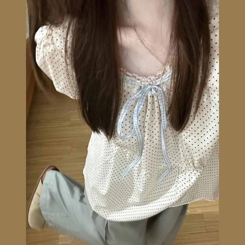 Micki~เวอร์ชั่นเกาหลี จุดด่างดำ แขนสั้น ผูกขึ้น เสื้อเชิ้ต หลวม หวาน