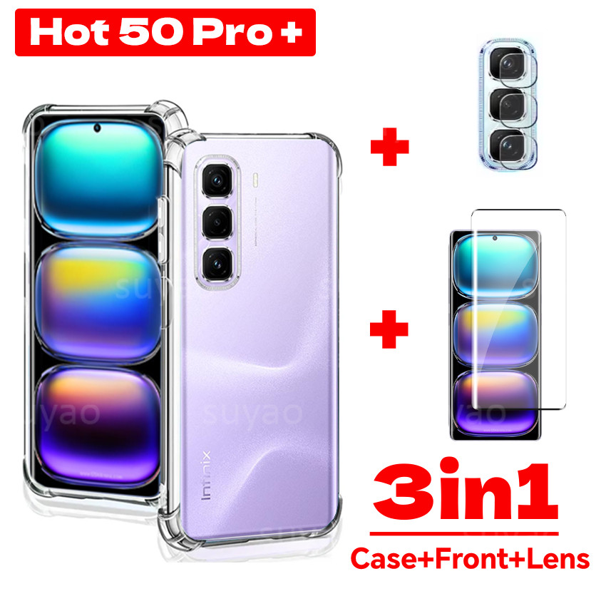 สําหรับ infinix Hot 50 Pro Plus Pro+ 3in1 เคสโทรศัพท์ปลอกใส Hot50 Hot50Pro + กันกระแทก Soft TPU กระจกนิรภัยหน้าจอป้องกันฟิล์มกล้อง HD 9H เลนส์ปกหลัง