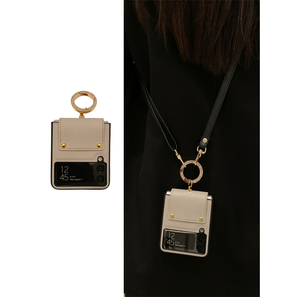Luken เกาหลี Crossbody Lanyard สายหนังกรณีแหวน Glitter สําหรับ Samsung Galaxy Z Flip 3 5G Z Flip3 Flip4 Zflip3 Zflip4 ฝาครอบ OPPO ค้นหา N2 Flip N3 Flip