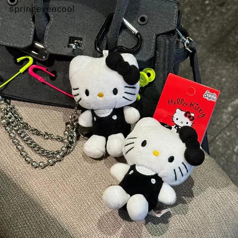 Springevencool สีดํา Y2K Hello Kittys ตุ๊กตาตุ๊กตา Love รูปพวงกุญแจน่ารักการ์ตูนกระเป๋าเป้สะพายหลังจี้ Kawaii ตกแต่งของเล่นเด็กของขวัญ Springevencool