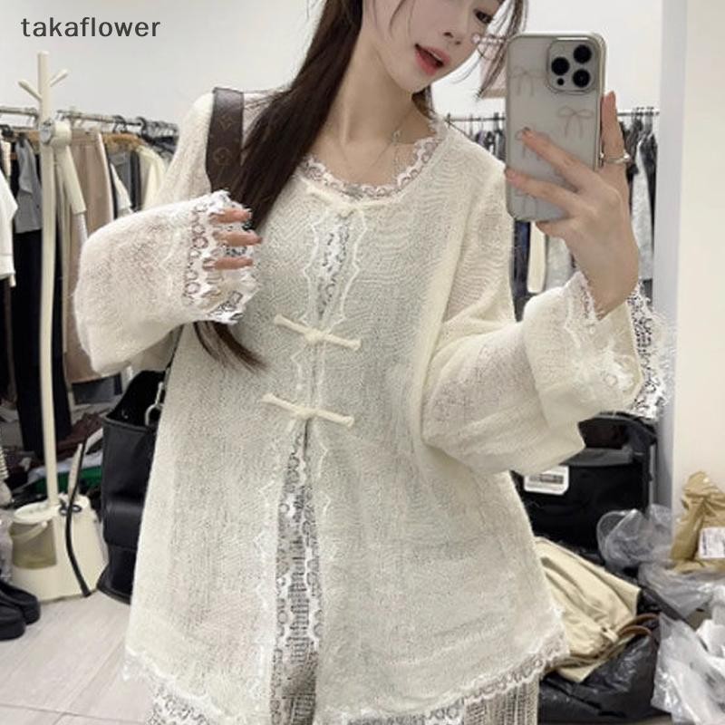 Takaflower V คอ Patchwork เสื้อลูกไม้เสื้อสเวตเตอร์ถักแขนยาวขนาดใหญ่ถักแจ็คเก็ตใหม่