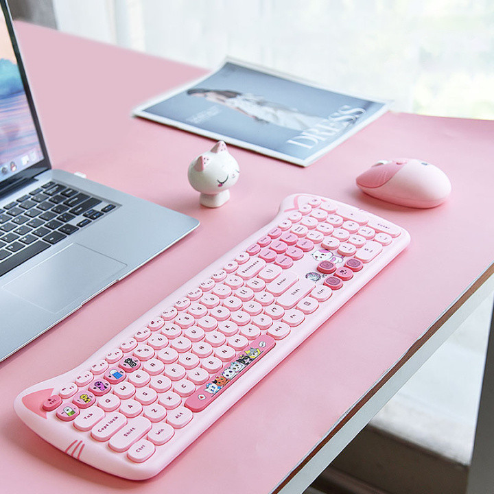 🐾Mofii Kitty PLUS ชุดคีย์บอร์ดและเมาส์ไร้สาย104ขนาดเต็มพร้อมการเชื่อมต่อชิป USB รูปหูแมวน่ารัก แป้นพ