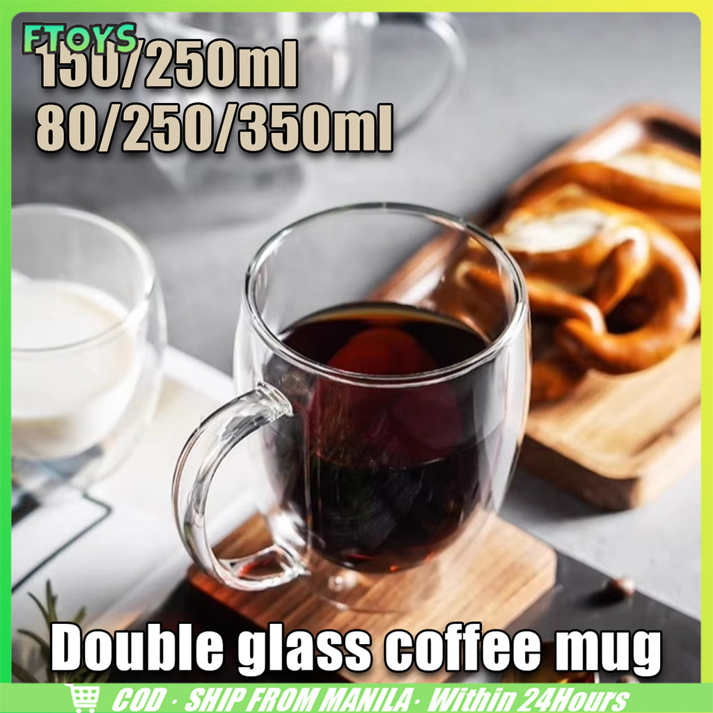 จัดส่งใน24ซม. แก้วกาแฟใส 2ชั้น มีหูจับ 150มล.250มล.350มล.สำหรับ คาเฟ่ ร้านกาแฟ
