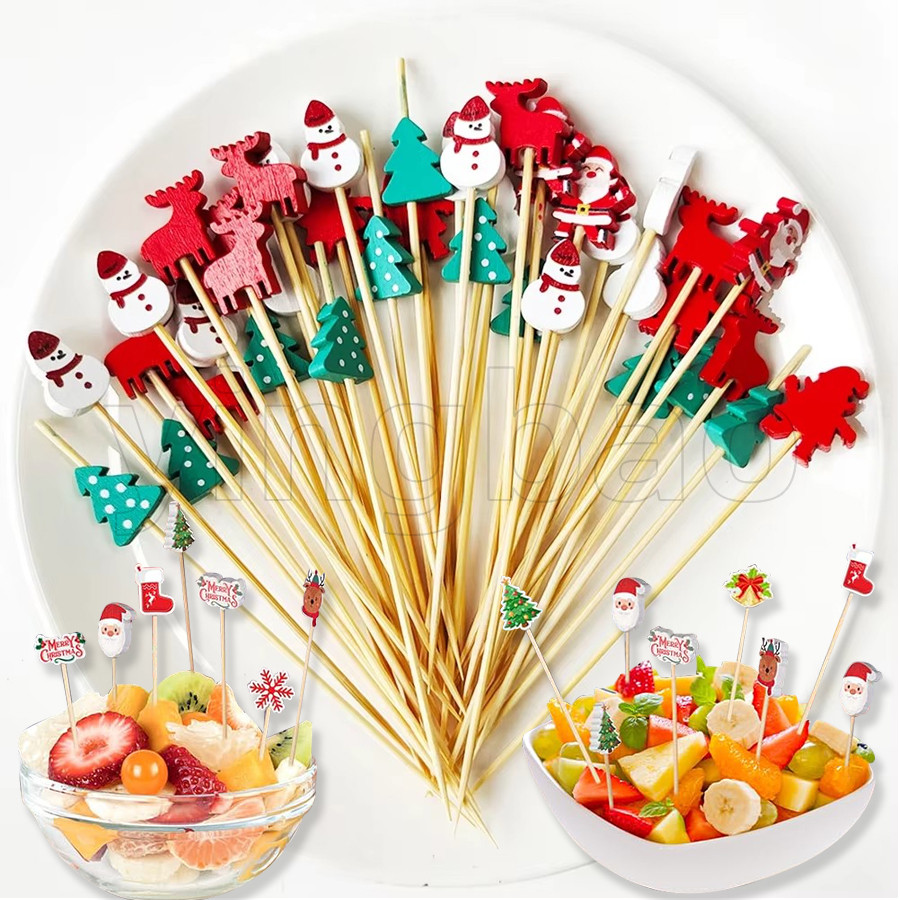 100 ชิ้นคริสต์มาสไม้ไผ่อาหาร Picks ไม้จิ้มฟัน Santa ขนมหวานบุฟเฟ่ต์สลัดผลไม้ตกแต่งคริสต์มาสปีใหม่ Xmas Party Supplies