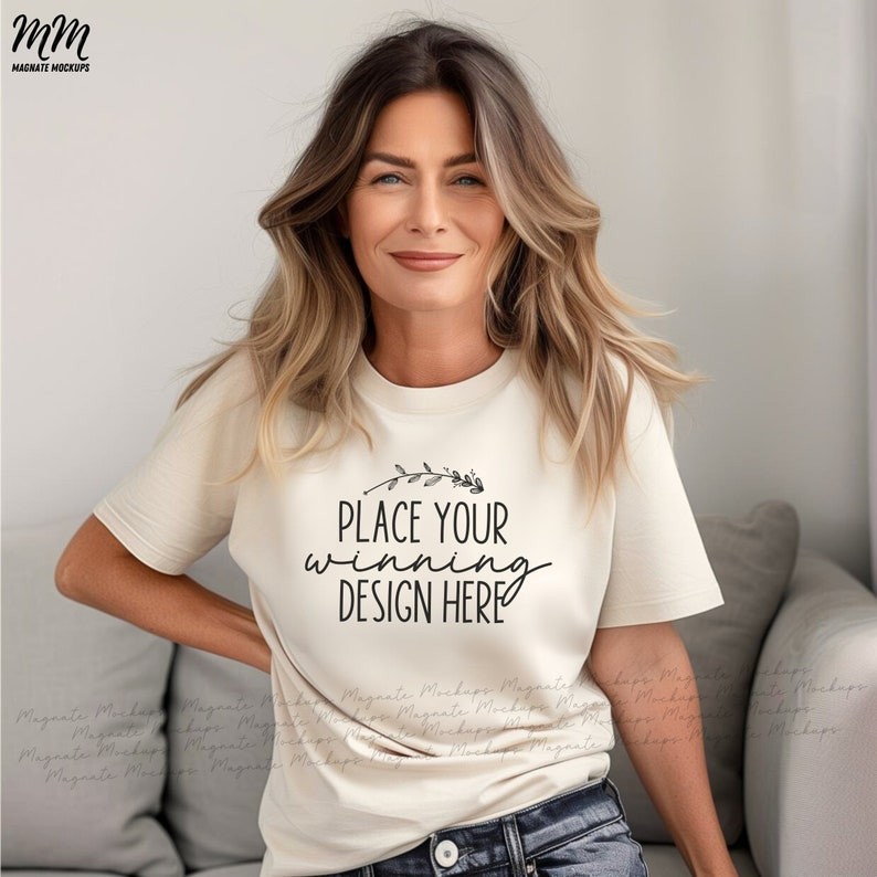 natural bella canvas 3001 shirt mockup mature women's 3001 older female t-shirt mock up 3001 natural