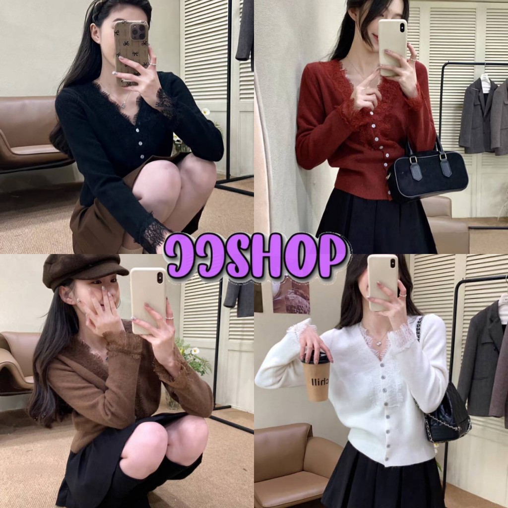 JJ Shop​ ​พร้อมส่ง เสื้อแขนยาวไหมพรมสไตล์เกาหลี คอวีแต่งลูกไม้ สีสดใสใส่สบาย "Z-T620"