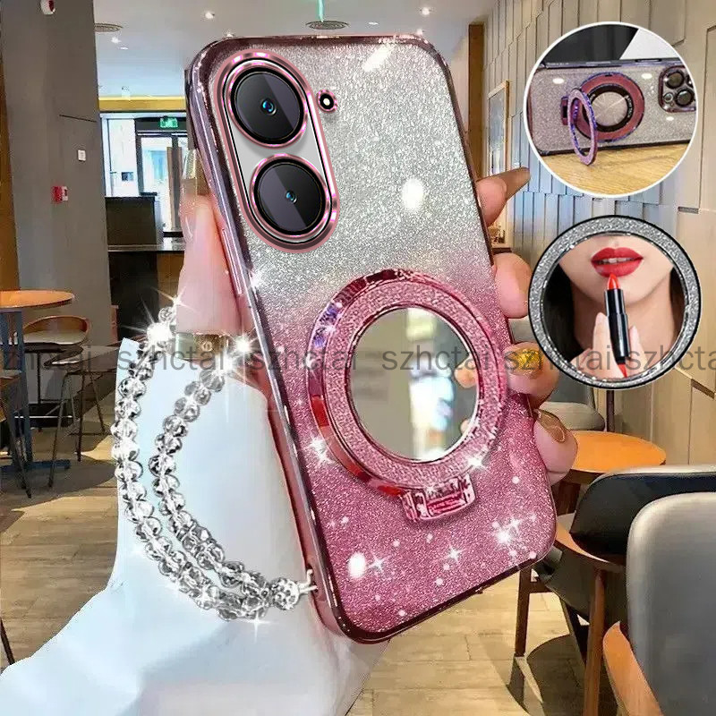 ปลอก Vivo Y03 Y18 Y100 5G Y27S Y17S Y27 5G Y36 5G Y16 Y15S Y01 Y22 Y22S Luxury Electroplated Glitter เคสโทรศัพท์พร้อมความงามแต่งหน้ากระจกผู้ถือสร้อยข้อมือ Lanyard Soft Case