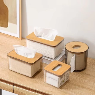 กล่องทิชชู่โปร่งใสในครัวเรือนพร้อมฝาปิดไม้ - Nordic Minimalist Napkin Organizer คอนเทนเนอร์