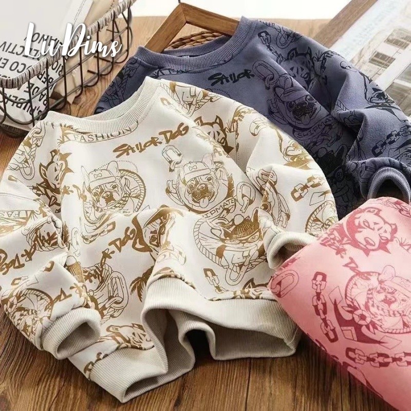 เสื้อกันหนาวเด็กใหม่สำหรับเด็กชายและเด็กหญิงเต็มไปด้วยเสื้อยืดคอกลมขนาดกลางและเด็กโต