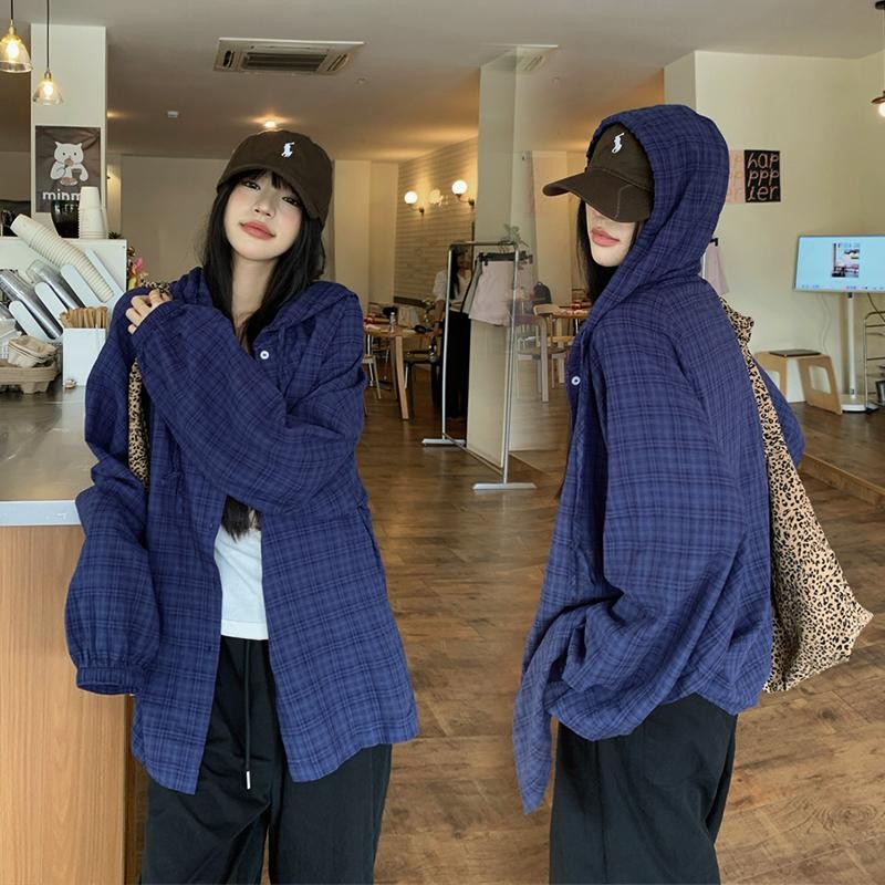 KOKO- เสื้อคลุมมีฮู้ดลายสก็อตสีน้ำเงินสำหรับผู้หญิง เสื้อเชิ้ตมีฮู้ดฤดูใบไม้ร่วง แขนยาว การออกแบบลายสก๊อตย้อนยุค#w511