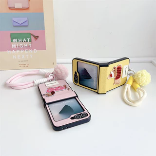 น่ารักการ์ตูนสุนัขหนังบานพับกรณีพลิก Samsung Galaxy Z Flip 7 Z Flip 6 7FE Z Flip 5 Z Flip 4 ปลอก Hairball เชือกเส้นเล็กสายรัดข้อมือ Hard PC กันกระแทกกลับ Shell