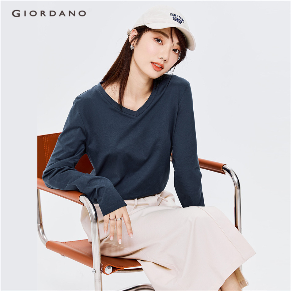 GIORDANO WOMEN 【Online Exclusive】Women's Plain color v-neck long sleeve tee 13322759