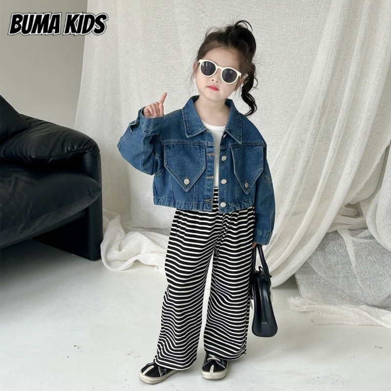Buma KIDS เสื้อสเวตเตอร์ถักยีนส์แฟชั่นสําหรับเด็ก ชุดสแล็กลายทาง