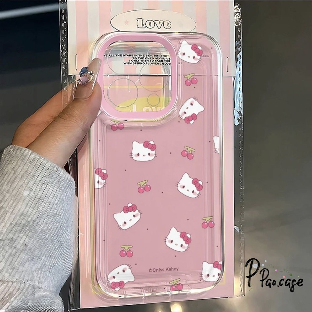 น่ารัก HelloKitty เข้ากันได้เคสไอโฟน 11 13 15 12 14 Pro Max13 14 15 Pro XR X XS Max 6 6s 7 8 Plus SE โบว์หวานเชอร์รี่เคส