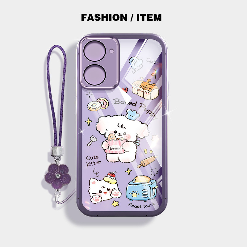 ขนมปังน่ารักสุนัขเคสโทรศัพท์สําหรับvivo Y03 Y03T Y18E Y18 Y28 4G 5G Y17Sปลอกโปร่งใสฝาครอบป้องกันด้วยดอกไม้เชือกแขวน