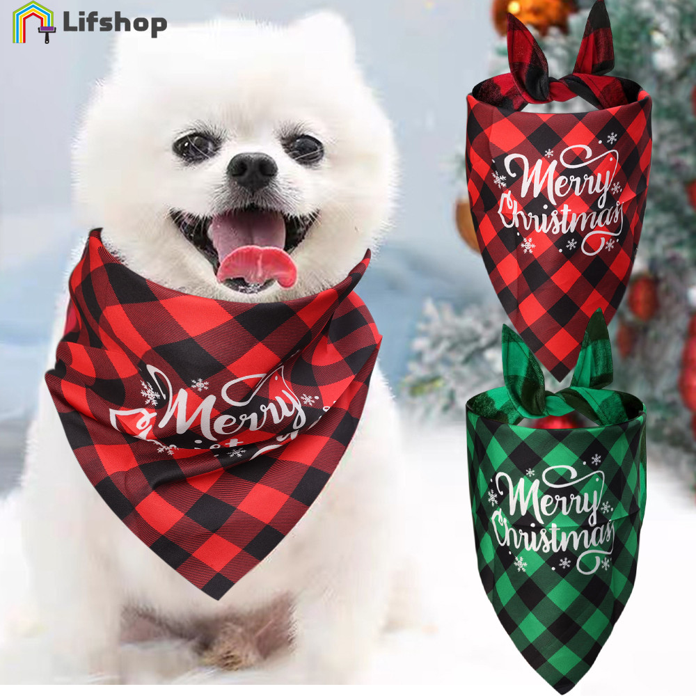 Cat Dog Christmas Triangle Bandana - Xmas Snowman ลายซานตาคลอส - Pet Christmas Drool Scarf - การ์ตูน น่ารัก นุ่ม ซักได้ - Pet Puppy Classic Grid Triangle Towel