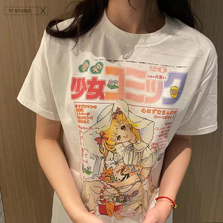COD（จัดส่งภายใน 24 ชั่วโมง）เสื้อยืด oversized t shirt ลายการ์ตูน cotton สไตล์ญี่ปุ่น สีขาว เสื้อ