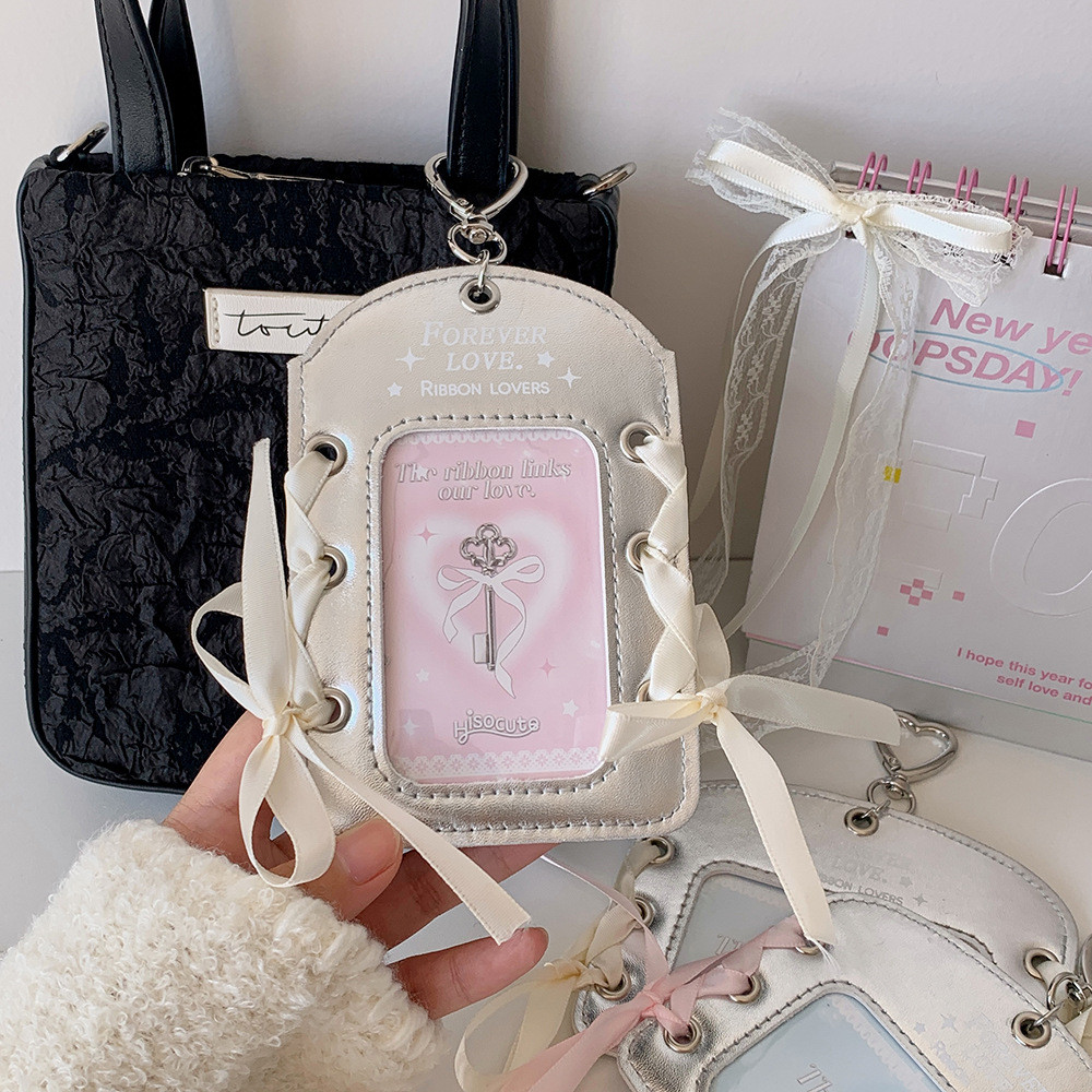 Ins Ballet Silver Leather PU Card Holder Ballet 3 Inch Small Card Display Hanging Protective Case Ribbon Idol Card Holder