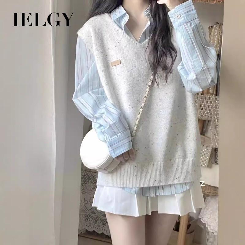 IELGY เสื้อกั๊กสไตล์วิทยาลัยเสื้อกั๊กถักสไตล์เกาหลีเสื้อทุกการแข่งขันชุดสองชิ้นสําหรับผู้หญิง