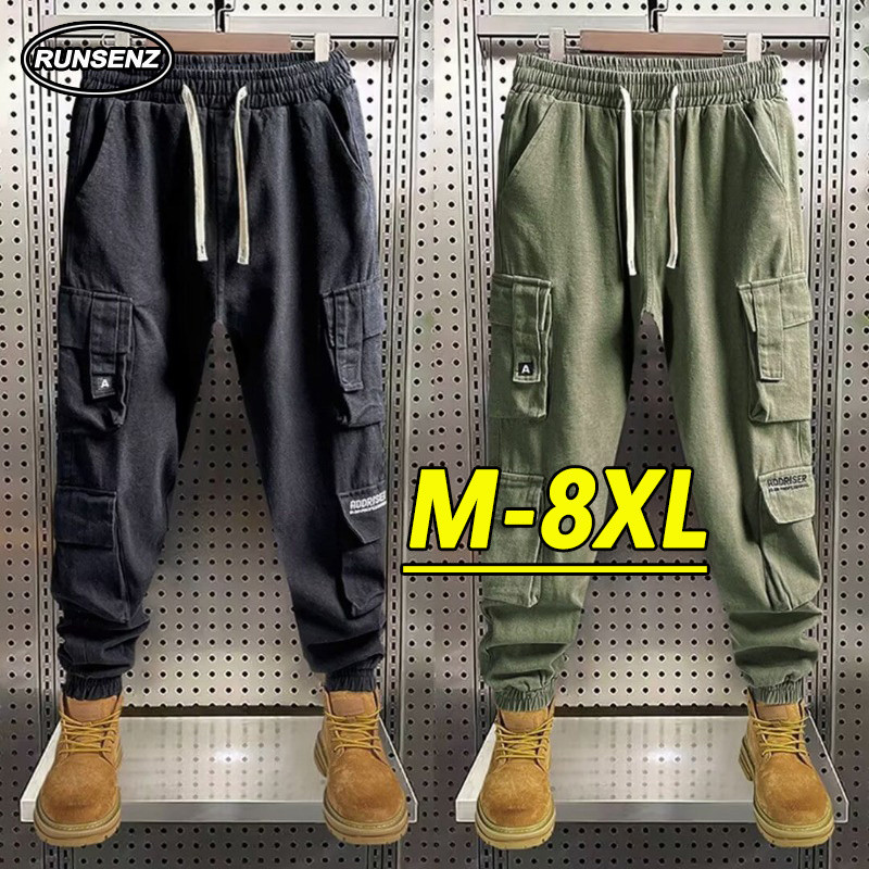 M-8XL แฟชั่นหลายกระเป๋าบวกขนาดกางเกงกีฬาสำหรับผู้ชาย