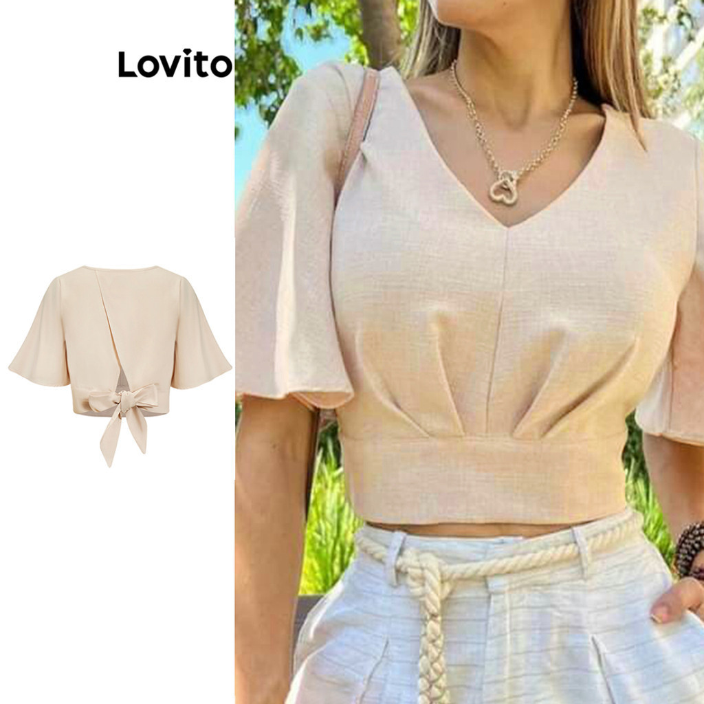 Lovito เสื้อเบลาส์ผู้หญิง แต่งจีบ ผูกด้านหลัง สีพื้น สไตล์โบโฮ L83EN075