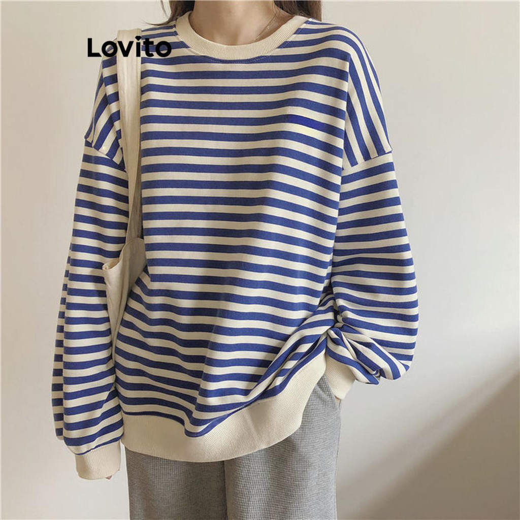 Lovito เสื้อสเวตเตอร์ผู้หญิง ลายทาง สไตล์ลำลอง LNM68183