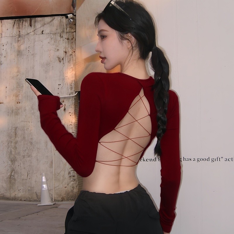 SuySuy พร้อมส่ง เสื้อยืด แขนยาว คอกลม แต่งโชว์หลังสายไขว้ ทรงสวยเซ็กซี่ ผ้าเรย่อนยืดได้ดี แฟชั่นสไตล์วัยรุ่นสตรีท