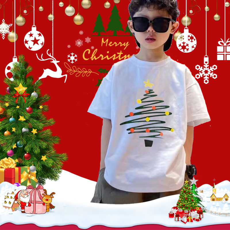 (จัดส่งตลอด 24 ชั่วโมง) เสื้อยืด Merry Christmas เสื้อยืดคริสต์มาสเด็กแขนสั้น สีแดงน่ารัก D212