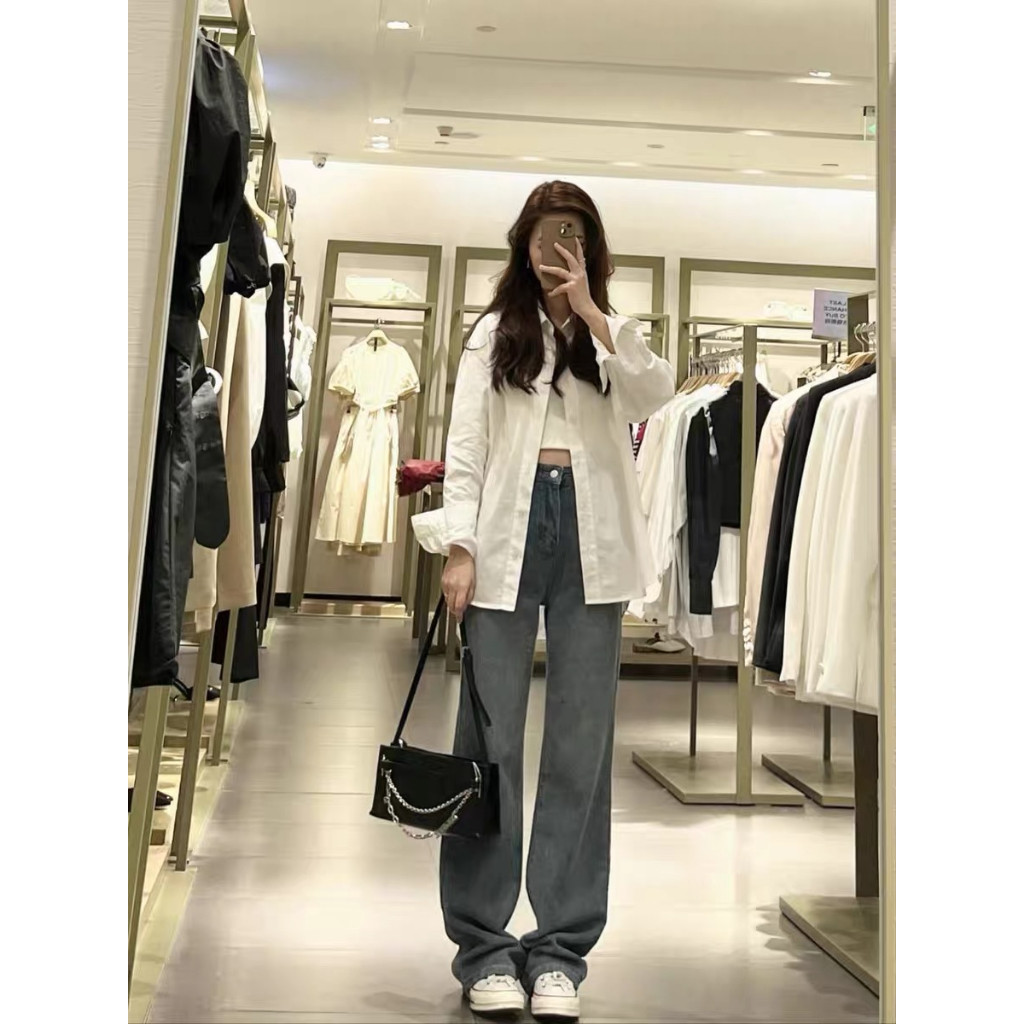 ⛅️ HHB2005 ⛅️ เสื้อเชิ้ตสีขาวคอปกแขนยาว ผู้หญิงเรียบง่าย เสื้อทํางานสไตล์สตรีทเกาหลีแฟชั่น ทรงสวย แม