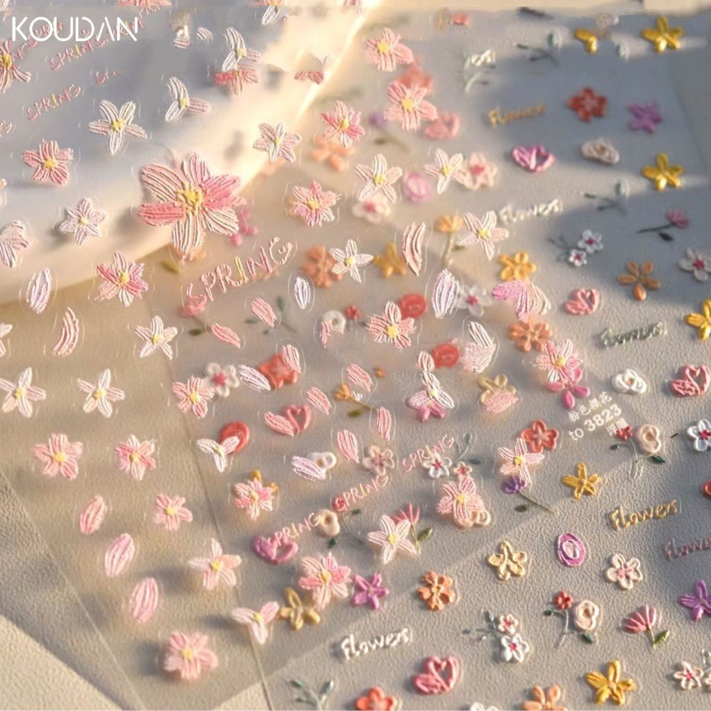 สติ๊กเกอร์ติดเล็บเล็บเล็บตกแต่งเล็บdecals Transfersนูนฤดูใบไม้ผลิดอกไม้Crayonภาพวาดสีน้ํามันน่ารักKOUDAN