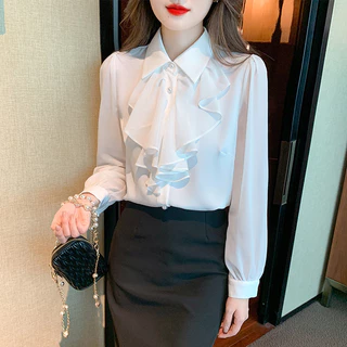 ฝรั่งเศสฤดูใบไม้ผลิฤดูใบไม้ร่วงสไตล์ใหม่สีขาว Lace-Up Bow เสื้อแขนยาวแฟชั่นอารมณ์ Simple All-Match Slim-Fit Age-Reduction สุภาพสตรีแฟชั่นด้านบน