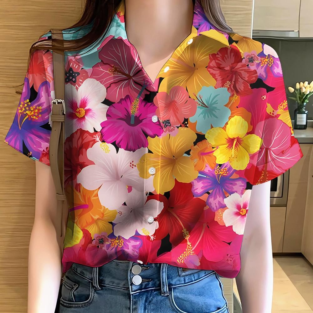 เสื้อเชิ้ตแขนสั้นเทศกาลสงกรานต์พิมพ์ลายดอกไม้สีรุ้งฤดูร้อนความสุขสําหรับผู้หญิงและผู้ชาย
