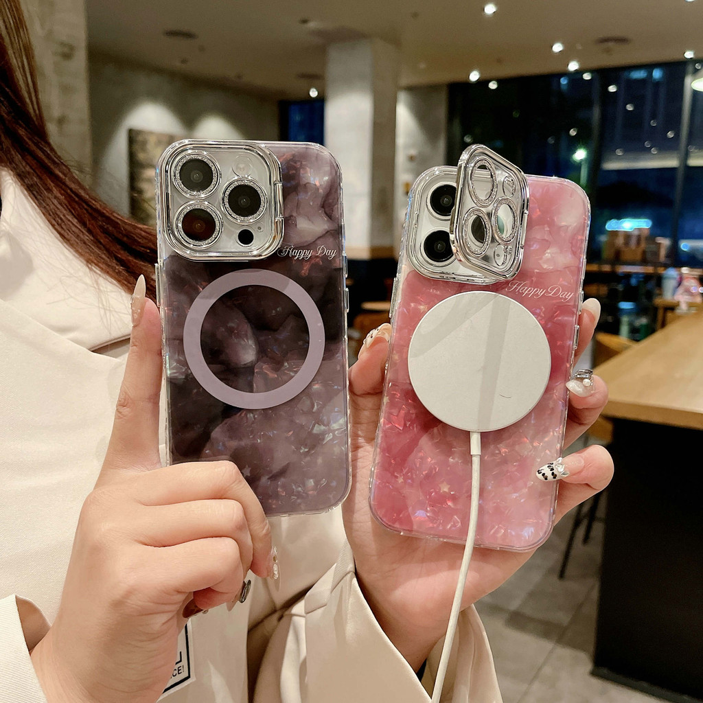 สําหรับเคสไอโฟน แม่เหล็ก ไอโฟน 16 โปรแม็กซ์ เลนส์ผู้ถือรูปแบบเปลือกและสีดําสีชมพู ไอโฟน15โปรแม็กซ์ 1