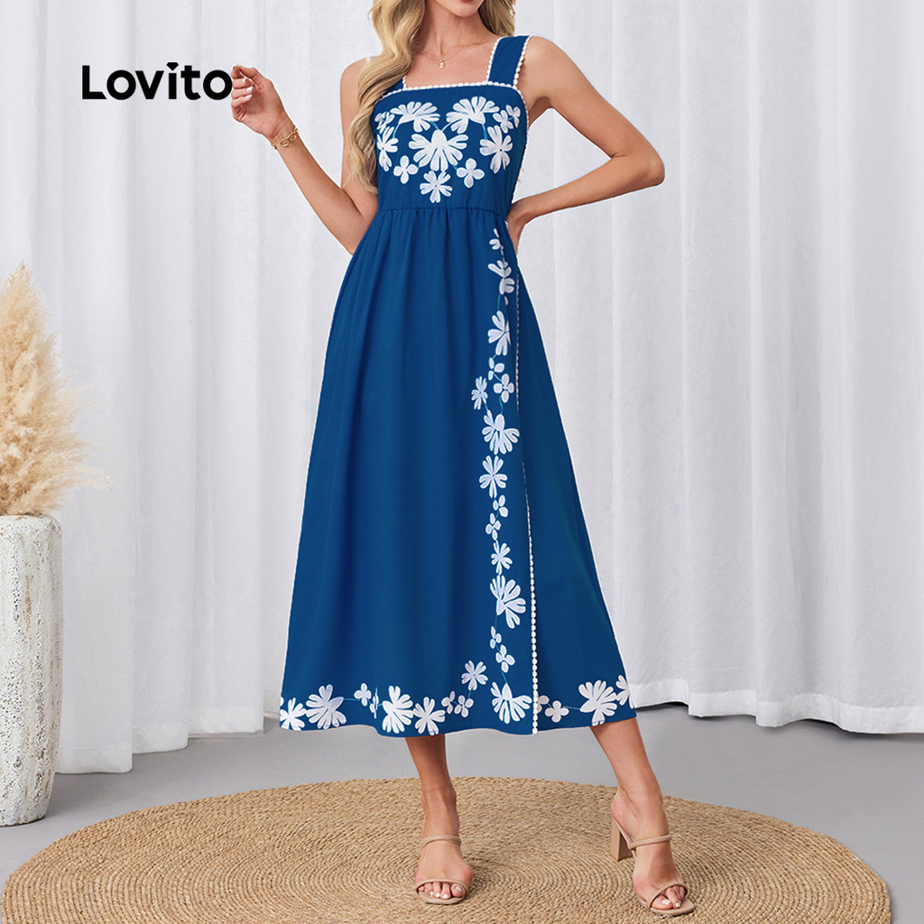 Lovito ชุดเดรสคอระบายแบบเทปสีตัดกันลายดอกไม้หรูหราสําหรับผู้หญิง LBL23073