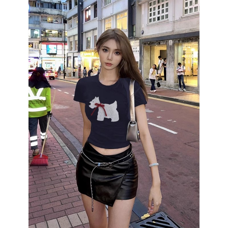 Hotgirl พร้อมส่ง✨เสื้อยืดแฟชั่นผู้หญิง เสื้อยืดครอป แขนสั้นคอกลม เซ็กซี่ สไตล์เกาหลี สีพื้น ลายลูกสุนัข
